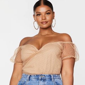 Pretty Little Thing Plus Mocha Dobby Mesh Organza Wrap Bodysuit